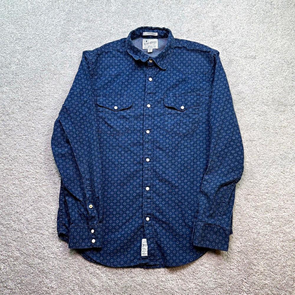Lucky Brand Men's Medium Long Sleeve Blue Floral Star Print Western Snap Shirt M